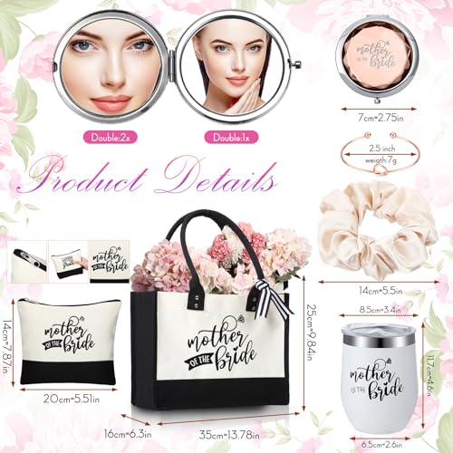 Suhine 14 Pcs Mother of The Bride and Groom Gifts Set Wedding Satin Robe Canvas Tote Bag with Makeup Bag 12 oz Tumbler Cup Small Makeup Mirror Scrunchies Knot Bracelet Wedding Gift for Mom(Champagne)