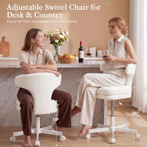 Snow White Teddy Fabric Office & Vanity Chair - Ergonomic Tall Desk Seat