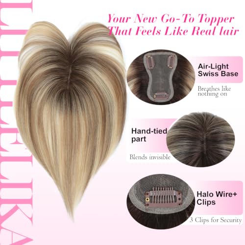 LittleLika 2T613# Human Hair Topper for Women 10 Inch Swiss Base 3D 360° Coverage