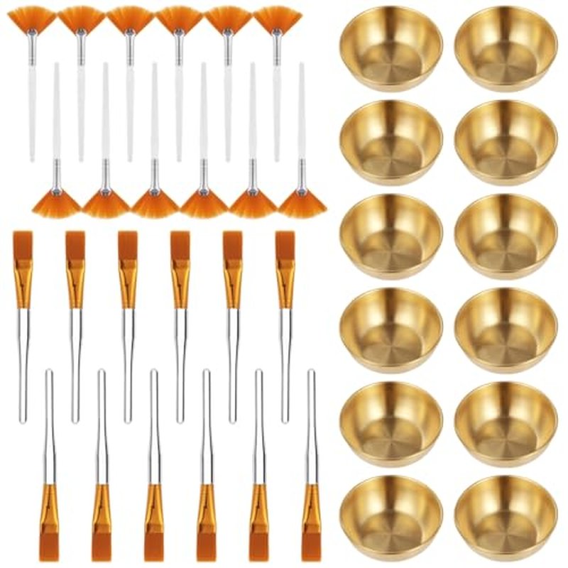 36 Pcs Esthetician Supplies for Facials Set, 12 Golden Stainless Steel Mixing Bowls, 12 Fan & 12 Detail Brushes, Facial Masks Brushes for Even Masks Application, Women Clay Masks Mixing Tools Kit