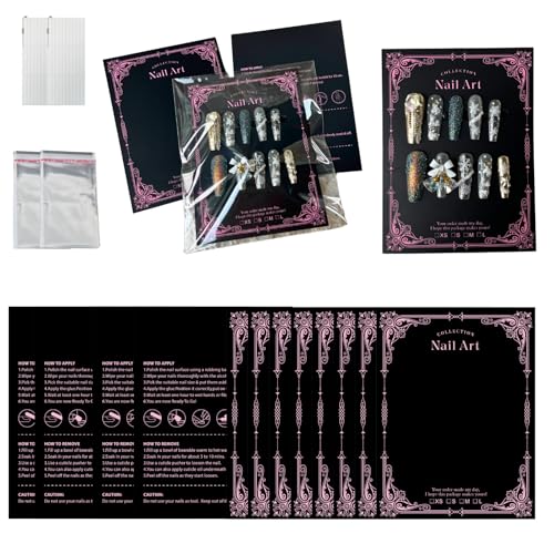 Press On Nail Packaging Kit for Long Nails ? Y2K 50 Display Cards with Bags & Tape ? Nail Tech Supplies for for Gothic & Baddie Nailfies Nail Salon Studio Manicure Business(Black, 3.54*4.7)