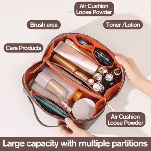 PU Leather Makeup Bag for Women, Structured Travel Cosmetic Organizer with Wide Opening, Water-Resistant Crocodile Grain Style - Black