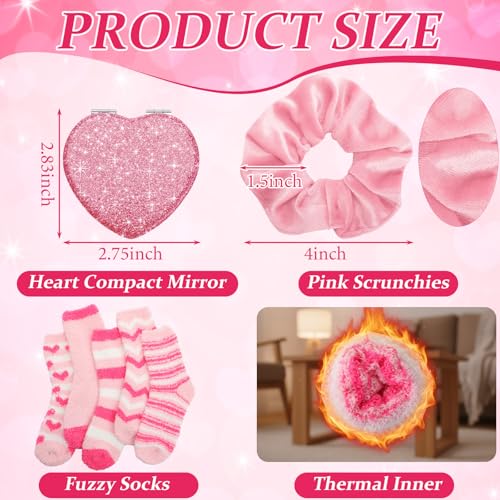 30 Pcs Galentines Gifts Bulk for Girl Women Valentine's Gifts Include 10 Pink Scrunchies 10 Folding Heart Mirror 10 Fuzzy Socks for Women Friends Female Girls Sister Present Birthday