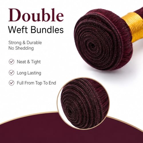 99J Burgundy Body Wave Human Hair Bundles - 12, 14, 16 Inches - Brazilian Grade