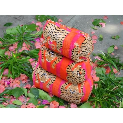 INDACORIFY Tiger Print Makeup Bag Set of 3 Pieces Indian Cotton Toiletry Bag Make up Pouch Travel Bag Quilted Wash Bag Shaving Cotton Cosmetic Kit