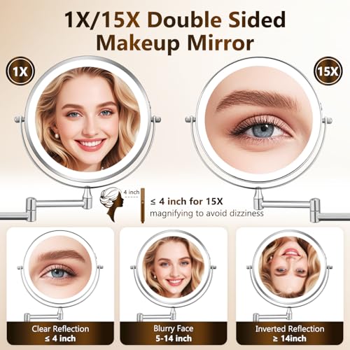 Rechargeable 8 Inch Makeup Mirror with 3 Lights - Silver LED, 1X/15X Magnification