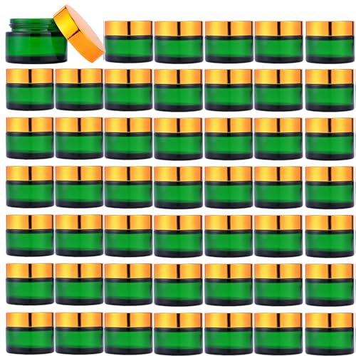 OverNews 2oz Glass Jar Travel Size, 45PCS Empty Cosmetic Lotion Container with Black Lid & Spatula, Small Mini Jar for Beauty (Green)