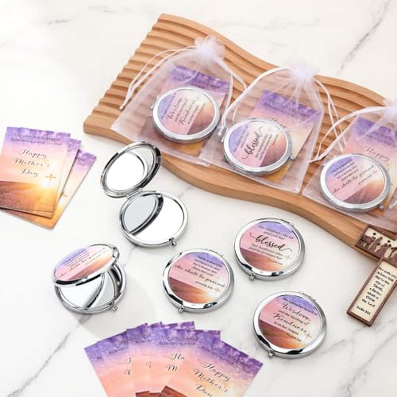 24 Sets Mother's Day Church Gifts Bulk Christian Compact Makeup Mirror Bible Verse Round Pocket Mirror with Gift Cards Organza Bags for Women (3 Style)