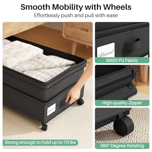 Kitstorack 4 Pack Height-Adjustable Under Bed Storage Containers with Wheels & Clear Windows - Black