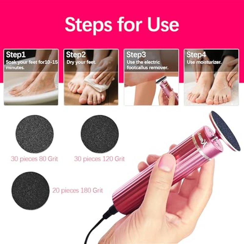 5.3'' Electric Foot Callus Remover with 80pcs Sandpaper Discs & Brush, Professional Aluminum Ergonomic Pedicure Tool, Stepless Speed & Reverse Control for Dead Skin Removal (Pink)