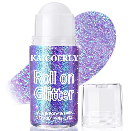 Roll-on Holographic Body Glitter Gel for Women, Sparkle Chunky Glitter Makeup for Christmas New Year Festival Halloween Party Rave, Face Glitter Makeup for Face Body Hair Lips (Purple)