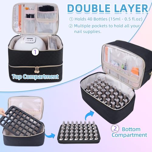 ALSLEA Black Nail Polish Organizer Bag with 40 Slots & Adjustable Shoulder Strap