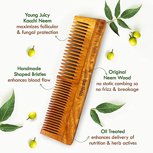 Nat Habit Back To Natural Kacchi Neem Wooden Comb - Dual Combo, 18-20cm, Frizz & Hairfall Control
