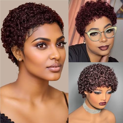 Burgundy Afro Kinky Curly Wigs for Black Women Short Pixie Cut Human Hair - Glueless 99J Style