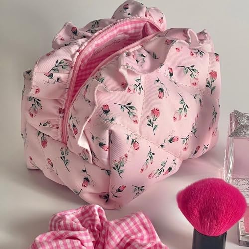 Quilted Pink Rose Makeup Bag Set of 2, Ruffled Cotton Cute Floral Pouches, Large & Small Coquette Pouch for Purse, Travel Cosmetic Organizer Bags, Aesthetic Toiletry Bag, Girly Gifts Women Teen Girls