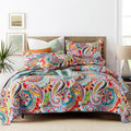 Boho King Size Cotton Quilt Set - Vibrant Paisley Coverlet with Pillow Shams, Variations of Orange, Red, Blue, Yellow, White