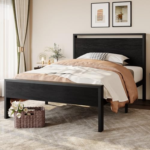 SHA CERLIN 14 Inch Twin Metal Platform Bed Frame with Wooden Headboard - Black Oak