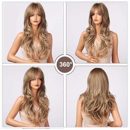 Esmee 24in Long Wavy Mixed Ash Blonde Wig with Bangs for Women - with Adjustable Cap