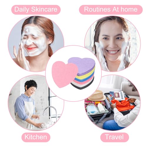 uxcell 120 Count Compressed Facial Sponges Heart-Shaped Face Cleansing Sponges Pads for Daily Skincare Routines at Home, Kitchen, Travel, Green