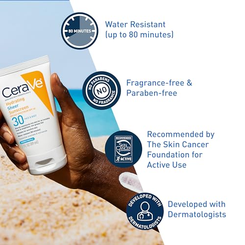 CeraVe Hydrating Sheer Sunscreen with SPF 30 for Face and Body,Mineral&Chemical Sunscreen for Men&Women with Zinc Oxide,Hyaluronic Acid and Ceramides,Paraben-Free + Fragrance-Free,5 Ounces,(Pack of 2)