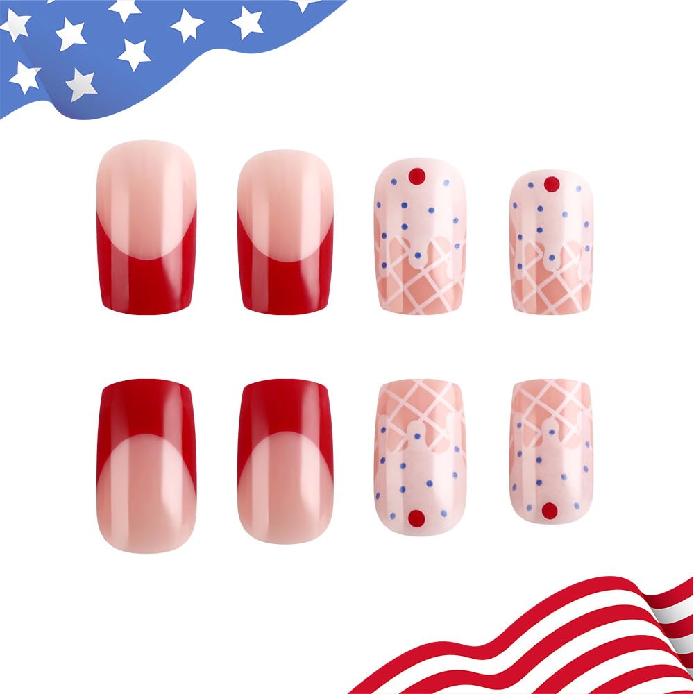 24 Pcs 4th of July Press On Nails Short Square,YEFIUO Pink Fake Nails Press ons Red French Nail Art Tips Acrylic Nail Kit Glue on Nails Full Cover False Nails with Independence Day Design for Ma'am