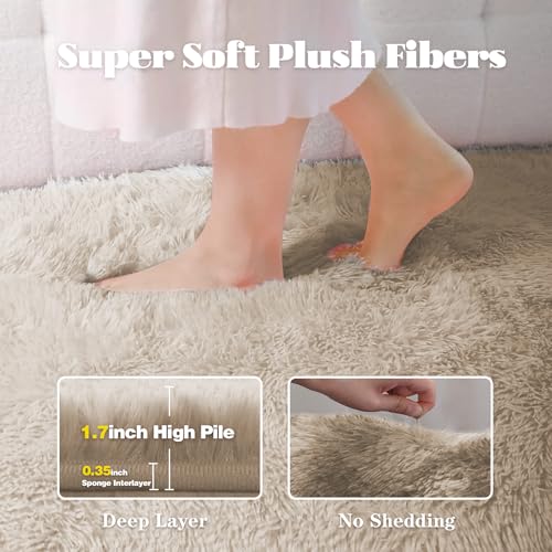 Camel 8x10 Fuzzy Shag Area Rug for Living Room and Bedroom - Washable Plush Carpet