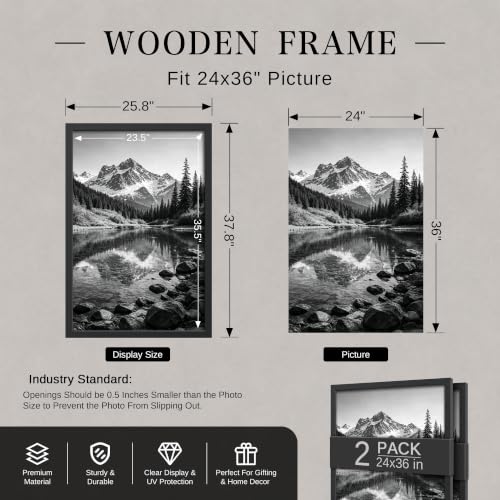 24x36 Poster Frame Black Wood Wall Display Frame 2 Pack - Elegant & Durable
