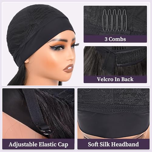 PREMPO 20 Inch Black Long Wavy Headband Wig for Women - 180% Density, Glueless Half Wig, Synthetic, Wear & Go
