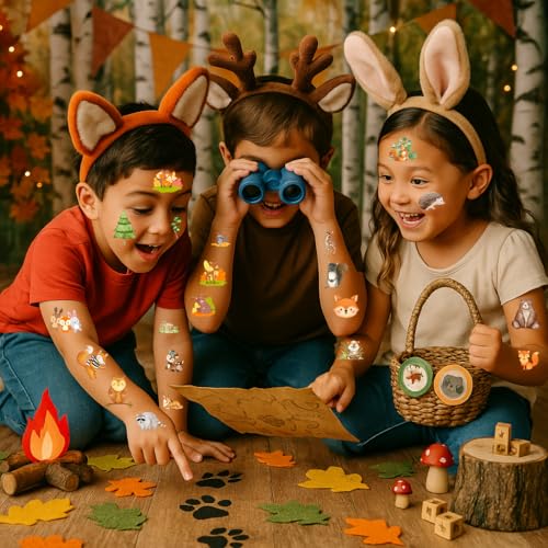 96PCS Woodland Animal Temporary Tattoos Stickers Pre-Cut ? 1st Birthday Party Favors, Decorations, Supplies - Forest Animal & Camo Pre-Cut Designs for Kids Boys Girls Adults Camping Adventures Gifts