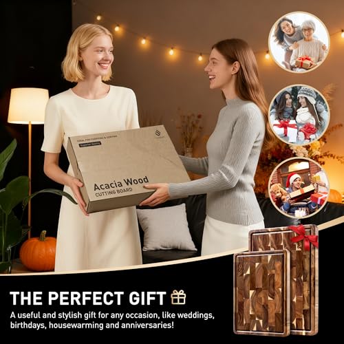 Set of 2 End Grain Acacia Wood Cutting Boards with Non-Slip Feet | Durable Kitchen Prep