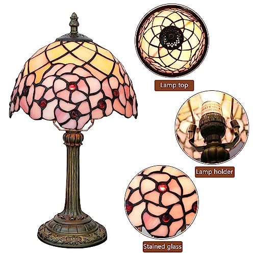 8 Inch Tiffany Cherry Blossom Table Lamp - Pink Stained Glass Bedside Decor