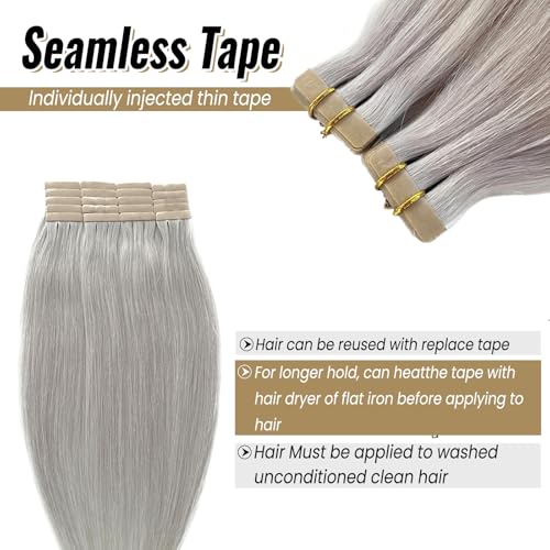 Silver Grey Hair Extensions Tape Ins 16 Inch Double Sided Seamless Human Hair