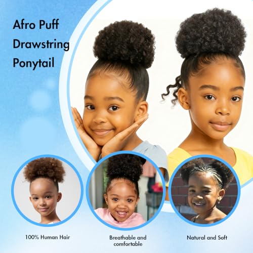 TANJET 6in Natural Black Afro Puff Ponytail for Black Women - Human Hair Drawstring Clip-in