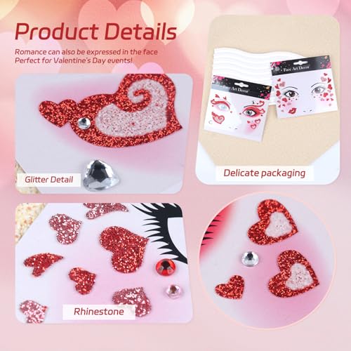 Valentines Temporary Tattoos Glitter Fake Tattoos Red Heart Lip Tattoo Stickers Eyes Face Gems Stickers for Women Girls Makeup Holiday Party Supplies 2Pcs