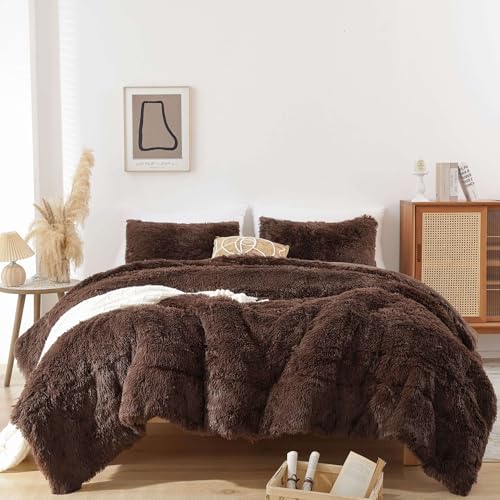 Coffee Brown Smoofy Fluffy King Size Faux Fur Comforter Set 3 Pieces
