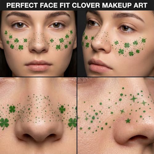 Threetols 6pcs St. Patrick's Day Face Sticker, Green Lucky Shamrock Clover Star Temporary Tattoos Saint Patrick's Day Clover Makeup Art Irish Holiday Decorations Gift for Women Men