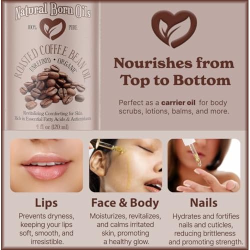 Natural Born Oils Roasted Coffee Bean Oil, 8oz, Organic, Cold-Pressed, Vitamin-Rich, Skin Radiance Enhancer, Hair Conditioner