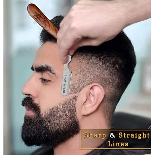 BEAUTICONE Straight Razors for Men, Straight Edge Razor, 100 Single Edge Blades, Stainless Steel, Barber Razor for Men's Shaving, Barber Shaving Knife, Wooden, Swinglock