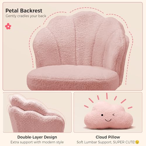 COMHOMA Pink Petal Vanity Chair with Wheels – Adjustable Teddy Fleece Desk Chair