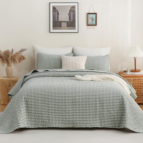 Gingham Quilt Set King Size - Green & Brown Cotton Linen-Like Bedspread