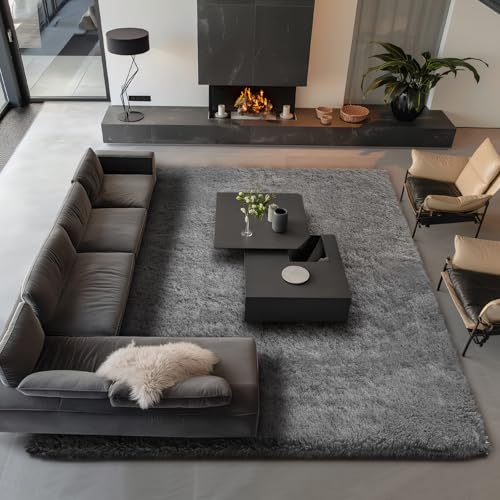 Large Grey 9x12 Shag Area Rug for Living Room & Bedroom - Soft Non-Slip Nursery Carpet