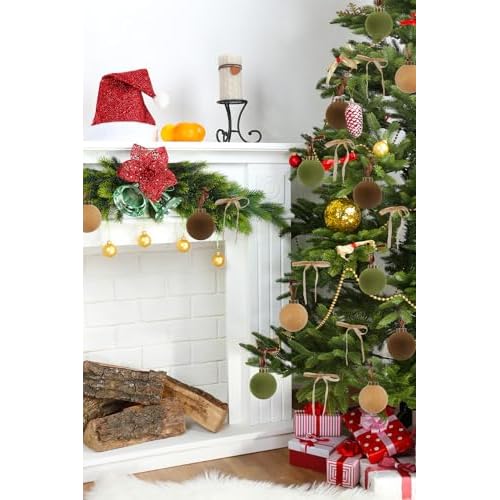 IPOPU 15PCS 3.15" Velvet Christmas Balls with 10PCS Velvet Bows Christmas Tree Ornaments Set Flocked Christmas Balls for Xmas Decorative Hanging Ornaments(Brown, Green, Khaki)