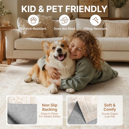 Beige 8x10 Area Rug for Living Room & Bedroom Washable Non-Slip Carpet