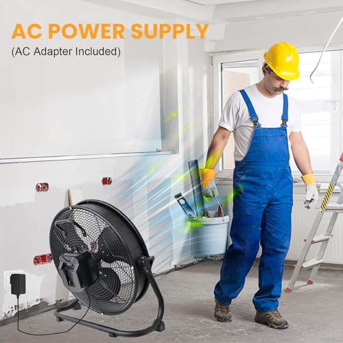 14-Inch Battery Operated Metal Floor Fan for Dewalt 20V Max - Portable Jobsite Fan with AC Adapter, 1500 CFM, Variable Speed, Tilt & Hanging Hook