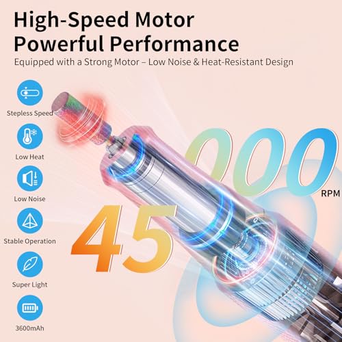 Electric Nail Drill Machine 45,000RPM - Professional Electric and Rechargeable Nail Drill with LCD Display, 6 Bits and 30 Sanding Bands, Low Heat Quiet E-File for Acrylic Gel Nails V9-3