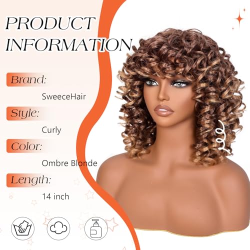 SweeceHair Ombre Blonde 14 Inch Curly Wig for Black Women with Bangs | Glueless Heat-Resistant Synthetic Wig