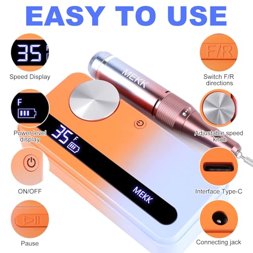 MEKK Professional Orange Blue 35000RPM Cordless Nail Drill E-File for Acrylic Gel Nails