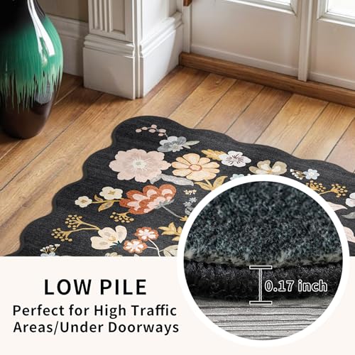Black 3ft x 20ft Washable Hallway Runner Rug - Boho Scalloped Design