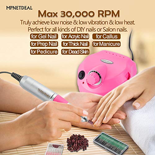 MPNETDEAL Electric Nail Drill Efile Professional Nail Drill Machine 30000RPM Tools for Acrylics Nails Natural Nails with Foot Pedal Ideal for Gel Nail at Home use or Nail Salon (Pink)