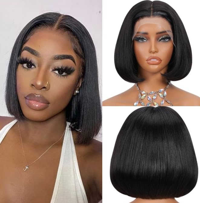 10 Inch Natural Color Velvet Grip Bob Wig - 12x5 HD Lace Human Hair, Pre Plucked & Cut